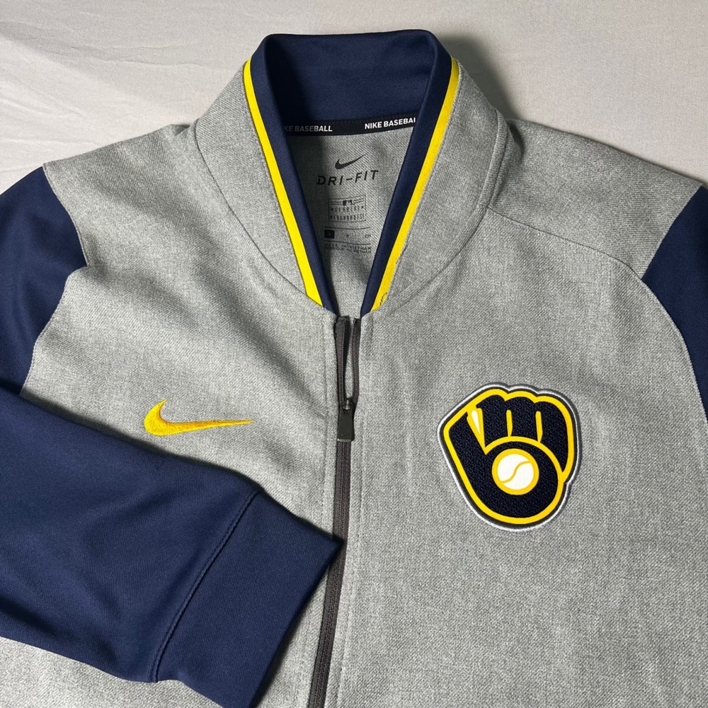 Nike Milwaukee Brewers MLB Baseball Dri-FIT Full Zip Jacket Grey Navy Mens Small